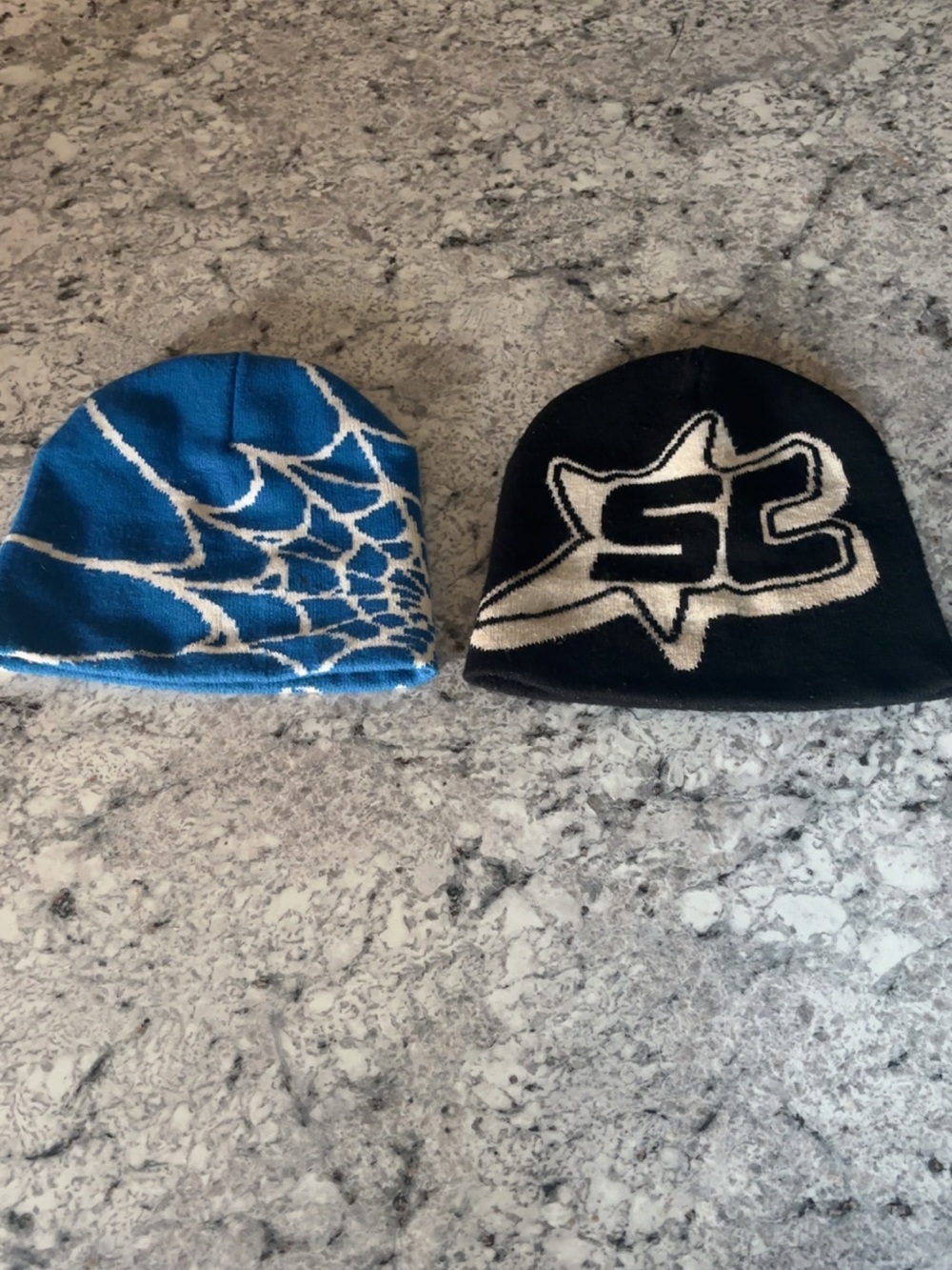 Blue Spiderweb Knit Beanie & Black Logo Beanie